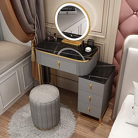 Aigoss Vanity Desk with Mirror and Lights, Makeup Vanity Table Set with Chair ＆ 4 Drawers, 3 Lighting Modes Brightness Adjustable, for Bedroom Studio Makeup Room (Color : Black, Size : 60CM/23.6IN) Cover