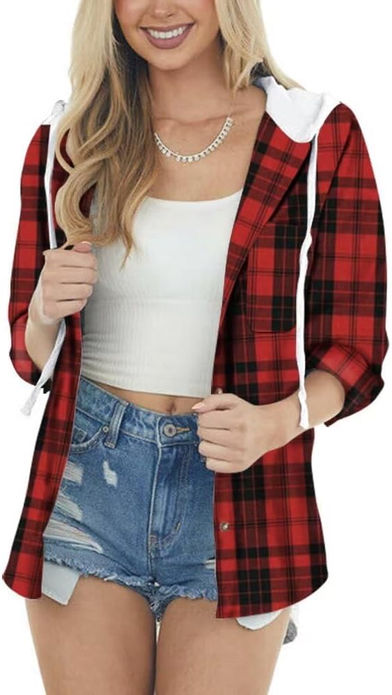 INFITTY Women's Buffalo Plaid Hoodie Long Sleeve Jacket Button Drawstring Casual Fall Shirts with Pocket Red Size Small - Image 2