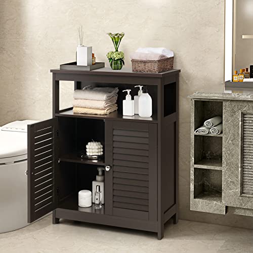 Costway Bathroom Storage Cabinet, Wooden Side Storage Organizer With Louver Doors & Removable Shelf, Freestanding Floor Cabinet For Living Room, Kitchen, Entryway (Brown) #TOP3