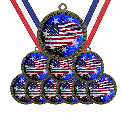 Large 2-1/2 inch Diameter Metal Antique Gold USA American Flag Medals Star Award Trophy Champion Winner with Red White and Blue Neck Ribbons (Pack of 10)