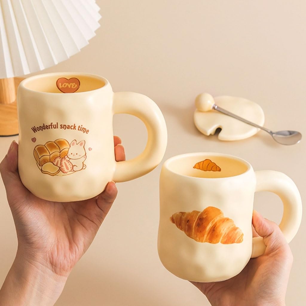 Juego de Tazas de café de cerámica Color Caqui, Redondas, Grandes, con Tapa y Cuchara, para Oficina, para Hombres y Mujeres, 480 ml/16,2 oz