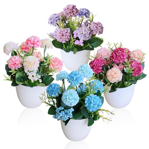 GZGXKJ 4 Pièces Mini Plantes artificielles en Pot Petite Chrysanthème Boule Fleurs Artificielle...