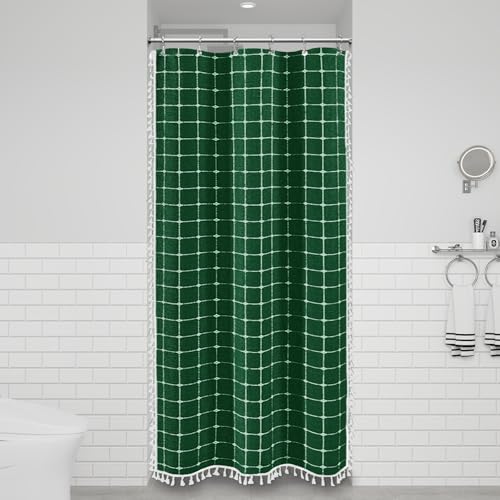 Image of BTTN Boho Shower Stall Curtain - 36x72 Narrow Linen Ultra Thick Tassel Fabric Shower Curtain Set with 6 Plastic Hooks, Half Small Modern Farmhouse Country Shower Curtains for Bathroom, Emerald Green