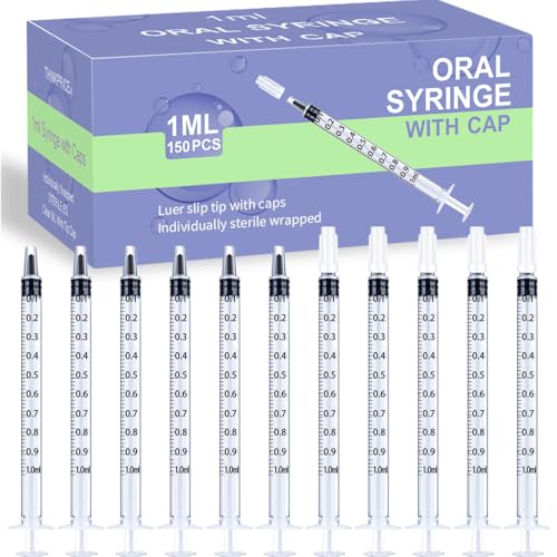 Image of 150 Pcs 1ml Syringes with Caps Oral Dispenser Individually Sterile Warpped for Medicine Dropper, Colostrum Collect Feeding Pets, Liquid