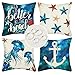 Lino Funda de Cojín Juego de 4 Cuadrada Decorativos Fundas de Almohada Ancla Océano Estrella de Mar para Exterior Sofá Cama Coche Hogar Balcones Playa 45x45cm