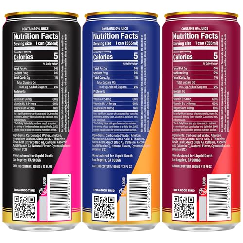 Image of Liquid Death Sparkling Energy Variety Pack, Zero Sugar Energy Drink, Unextreme Caffeine 100mg, Essential Vitamins, 3 Flavors: Strawberry, Orange, and Murder Mystery, 12 Fl Oz (Pack of 12)