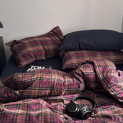 Image of mixinni Vintage Burgundy Buffalo Plaid Comforter Cover Set Twin Size - 3 Piece Mid-Century Modern Washed Cotton Bedding, Soft Breathable Grid Duvet Cover with Matching Pillowcases for All-Season