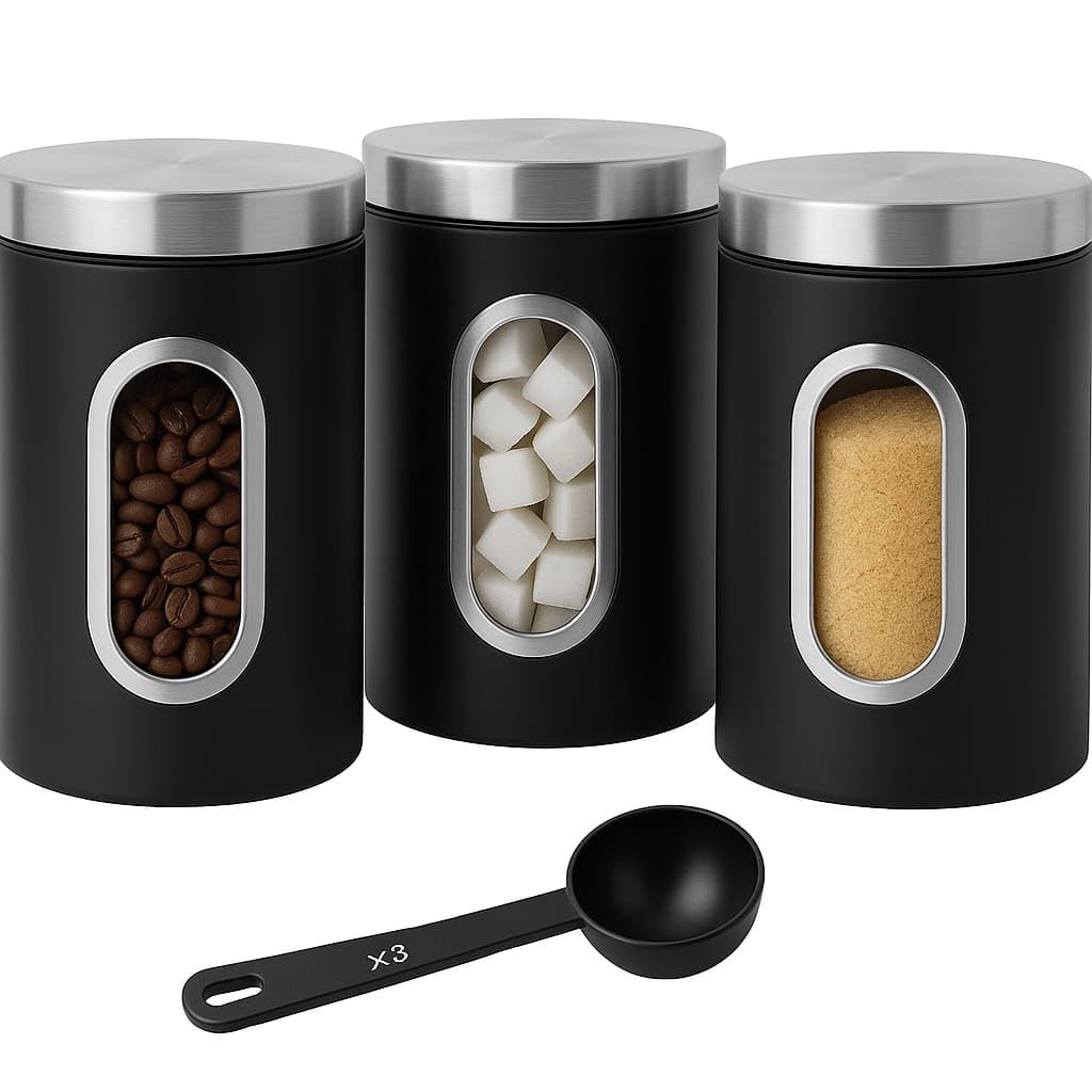 Tea Coffee Sugar Canisters Set with 3 Scoops, Stainless Steel Set of 3 Kitchen Canister, Transparent Window Airtight Biscuit Container Set, Dry Food Storage Containers for Tea Coffee & Sugar