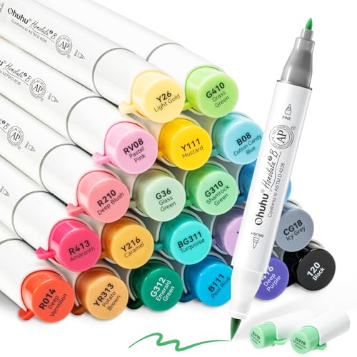 Ohuhu Alcohol Markers Brush Tip, AP Certificated 24 Basic Colors Double Tipped Alcohol Based Art Marker Set for Artist Sketching Adult Coloring Illustration - Brush & Fine Dual Tips - Honolulu 2B