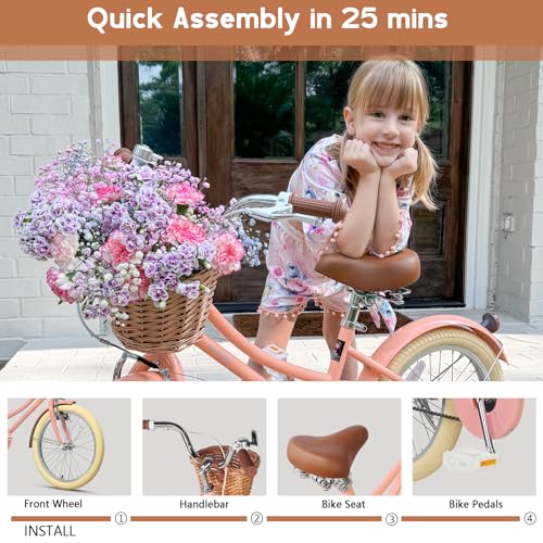 Image of Glerc Little Molly 12-20 Inch Kids Retro Cruiser Bike for 2-13 Year Old with Wicker Basket & Training Wheels /Kickstand, Multiple Colors