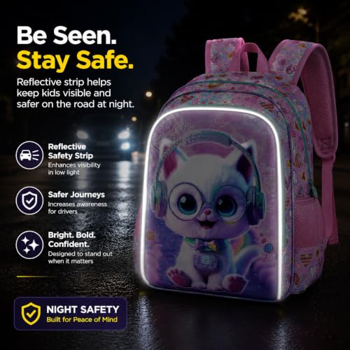 Image of AGSDON 3PCS Backpack for Girls, 16 inch Little Kids Cat Preschool Bookbag, Elementary Backpacks and Lunch Box - Purple