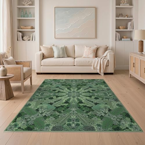 ODIKA 5'x7' Washable Bohemian Botanical Area Rug, Green Non-Shedding Pet Friendly Carpet for Small Living Room, Playroom, Bedroom, Easy Care Kids Safe Mat | Ref:2025492