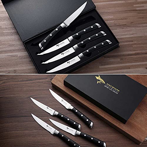 MAD SHARK Premium 4.5 inch Serrated Steak Knives Set of 4 ,Dishwasher Safe, German High Carbon Stainless Steel 4 piece Steak Knife Set with Gift Box - Thumbnail 4