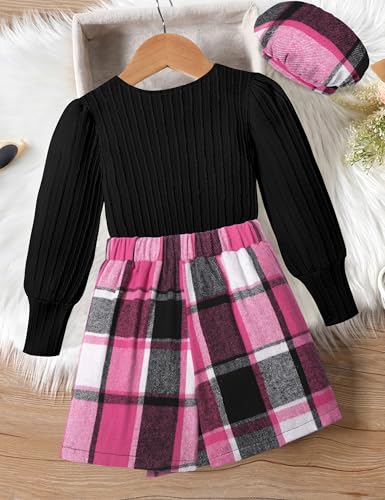 Image of AGAPENG Girl Skirt Sets 3 Piece Outfits Square Neck Jacquard Puff Sleeve Tops Plaid Mini Skirt Shorts Fall Winter Clothes