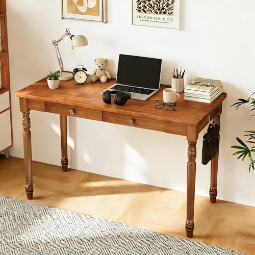 Image of 100% Solid Wooden Desk with Drawers - 47.2 inch Mid Century Modern Desk with 2 Hooks, Vintage Writing Desk with Drawers, Simple Work Study Table for Bedroom & Home Office - Walnut Color