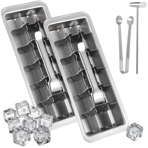 yeesport 2 PCS Ice Cube Trays Set with Ice Tongs and Hammers, Quick Release Ice Trays with Handle, Stainless Steel Ice Trays for Freezer, Quality Metal Ice Mold for Home Kitchen