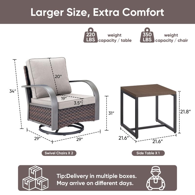 Image of 3 Piece Outdoor Patio Wicker Swivel Rocker Chairs with Table, Beige Cushion | Metal Wide Armrest, Wicker Outdoor Furniture Set, Water-Resistant, Fade-Resistant, Removable Cover, Stain-Resistant