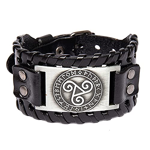 TQWSVUM Nordiques Triskel Symbole Viking Bracelet en Cuir, Amulette de Bracelet de Manchette en Cuir for Hommes, Boucle Réglable Bijoux de Bracelet en Corde...