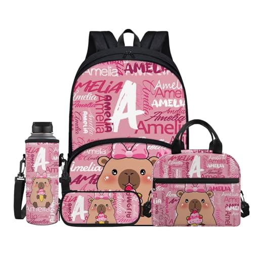 Jeiento Cute Capybara School Bag Set 4 In 1,Large Capacity Backpack with Capybara Lunch Bags Pencil Case Water Bottle Holder Personalized Travel Shoulder Ruckpack Custom Child Name Schoolbag