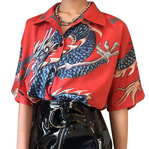 Mcaishen Camisas De Verano para Mujer, Harajuku para Mujer, Camisa con Estampado De Dragón, Camisa De Manga Corta, Camisa Holgada De Calle, Ropa De Moda para Mujer.(Red) Cover
