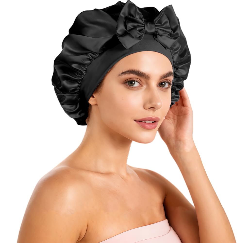 Bonnet Satin Cheveux Nuit avec Double couche 100% Soie de mûrier 22 Momme, Bonnet Soie Cheveux Nuit, Bonnets en Satin pour Charlotte Cheveuxs Locks Bouclés, pour Femmes et Hommes