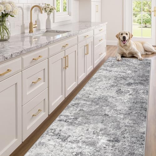 3X12 Washable Runner Rug for Hallway: Soft Neutral Modern Abstract Area Rug - Non-Slip Low Pile Long Throw Indoor Carpet for Kitchen Entryway Kitchen Bedroom Laundry - Grey