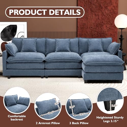 Image of Ihanherry L Shaped Cloud Sofa 111.4 inch Modern Modular Sectional Couch with Ottoman, 4-Seat Chenille Deep Seat Sofa with Pillows for Living Room, Blue
