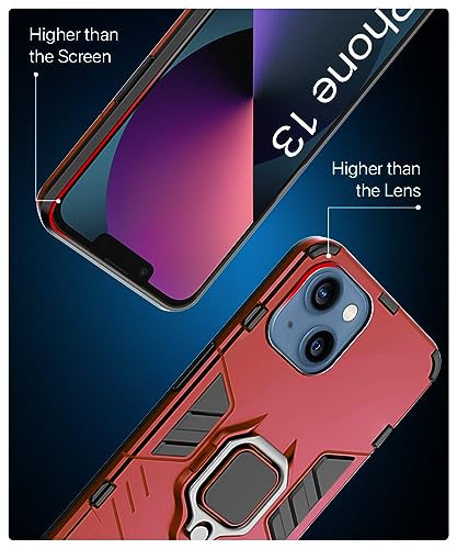 Image of WOW IMAGINE Shock Proof Back Case Mobile Cover for iPhone 13 (6.1″) (Tough Armor | Hybrid PC + TPU | Full Protection with Ring Holder & in-Built Kickstand | Red)