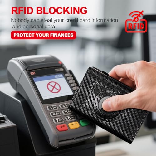 Image of Wallet for Men Minimalist Compact Pop Up Credit Card Holder, Front Pocket Smart RFID Blocking Mens Slim Wallet,Ultra Thin Trifold Mens Leather Wallets Metal (Black-Carbon Fiber 13 Card Capacity)