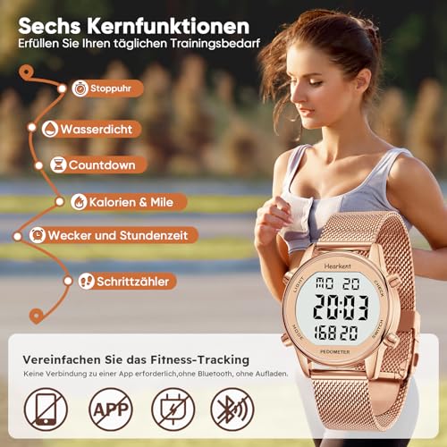 Damen Schrittzähler Uhr,Wasserdicht Fitness Tracking Digitale Uhr,Ohne Bluetooth und APP,Seniorenuhr mit Schrittzähler Kalorienzähler,Sportuhr zum Gehen/Laufen (Roségold, Damen)