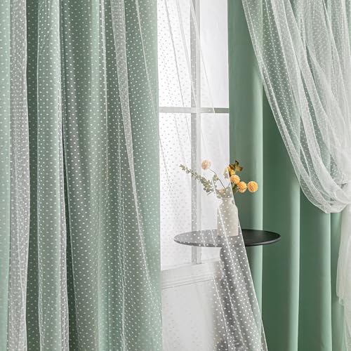 Image of MYSKY HOME Green Blackout Curtains for Kids Bedroom 63 Inches Long,2 Panels | Cute Curtains with Polka Dots Sheer Overlay, Grommet Tops,Window Drapes for Girls Nursery Bedroom Living Room Decor,52Wx63L