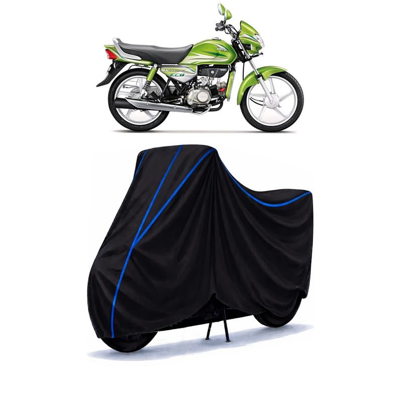 Image of Hero HF Deluxe Eco BS6 Bike Cover Water Resistant Universal Motorcycle Rain | Heavy Duty UV Protection, Dust, Scratch Indoor Outdoor All Weather with Black Blue Piping Elastic