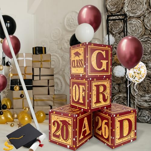 Image of Maroon and Gold Graduation Boxs Class of 2026 Graduation Party Decorations for Table Centerpieces Sets Balloon Boxes with inchGRAD inch and inchCLASS OF 2026 inch Letters Box