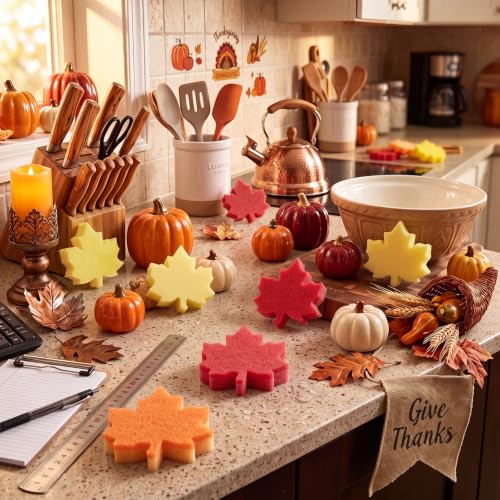 Image of Tioncy 12 Pack Maple Leaves Kitchen Sponges Bulk Dual Sided Scrubber Fall Maple Leaves Sponges Reuseble Non Scratch Dishwashing Kitchen Cleaning Accessories for Pot Boiler Pan Household