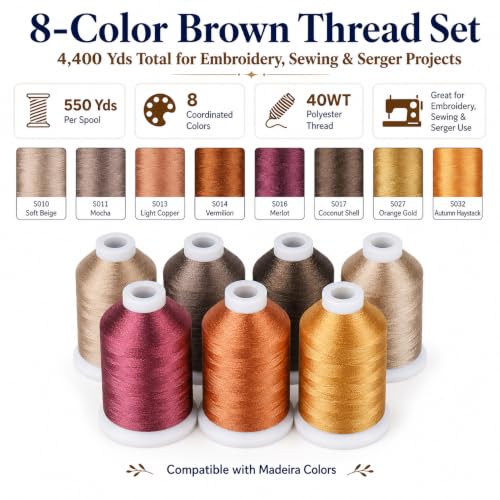 Image of Simthread 8 Shades 550Yds Each 40WT Polyester Embroidery Thread Brown Set | 8-shade brown set with 550Yds each offers smooth 40WT polyester thread for home and commercial embroidery machines.