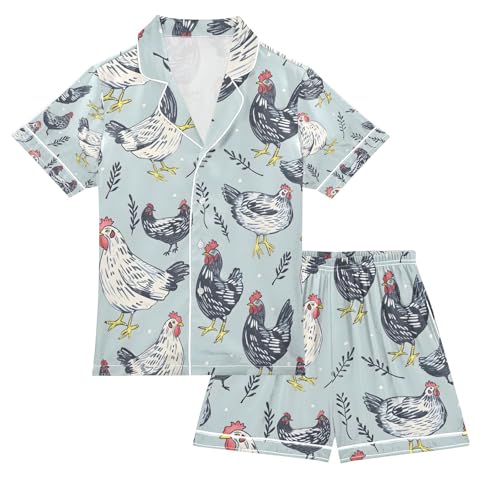 senya Chicken and Grass Satin Summer Pajama Sets Silk Short Sleeve Button Down Sleepwear