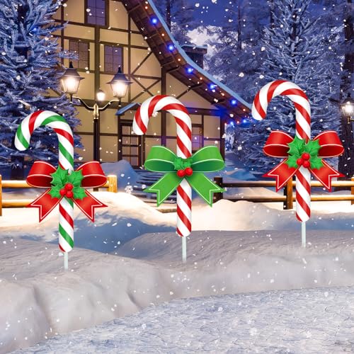 Drydiet 3 Pack Metal Christmas Yard Signs Decor Christmas Yard Stakes Outdoor Metal Xmas Signs with Stakes for Xmas Holiday Outdoor Garden Lawn Pathway Decoration(Candy Cane)
