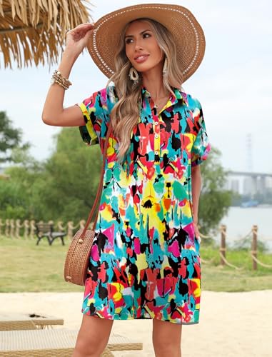 Image of HOTOUCH Womens Summer Shirt Dress 2026 Short Sleeve Floral Shift Dress Casual Loose Flowy Beach Sundress with Pockets