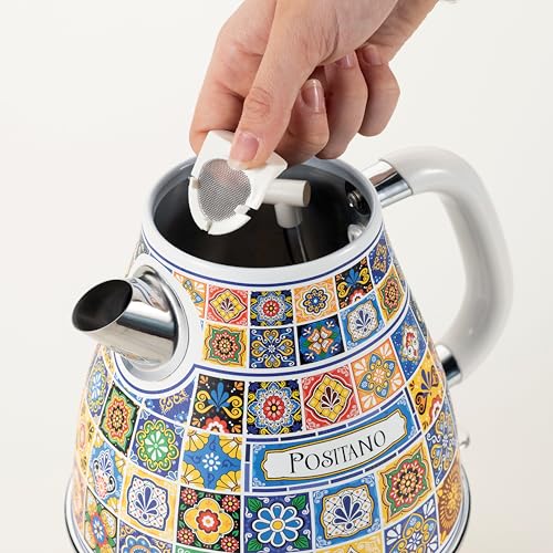 Ariete 2869 Elektrischer Wasserkocher Positano, 1,7 L Fassungsvermögen, mit Abnehmbarem Filter und 360° Kabelloser Basis, Mediterranes Design, Automatische Abschaltung, Edelstahlgehäuse, 2000 W