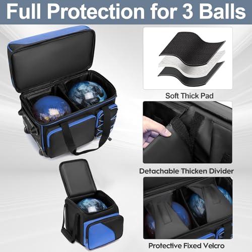 3 Ball Bowling Bag with Wheels, Bowling Roller Bag 3 Ball Rolling Bowling Bag with Multi-pocket & Shoe Compartment, 2 Ball Bowling Bag with Wheels + 1 Ball Add On Tote for 3 Ball / 2 Ball / 1 Ball