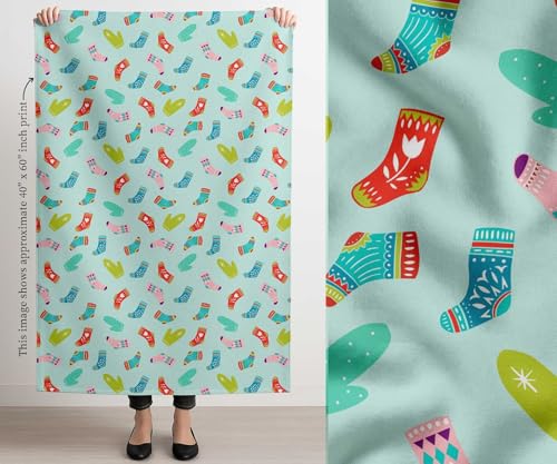 Image of Soimoi Green Cotton Canvas Fabric Socks & Gloves Folk Art Print Fabric by the Meter 56 Inch Wide