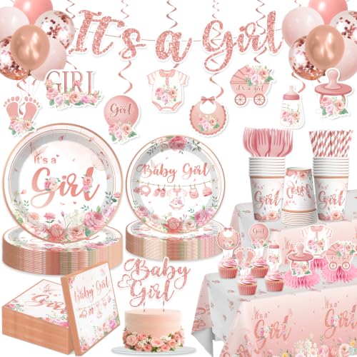 213Pcs Floral Girl Baby Shower Decorations Tableware Set, 25 Serves