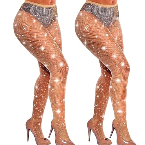 Olbye Fishnet Stockings Women’s Sparkly Rhinestone High Tights Sexy Concert Outfits Glitter Pantyhose Fishnets Leggings 2Pcs