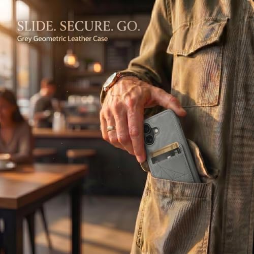Image of amazon basics Premium Vegan Leather Back Cover with Card Holder and Integrated Mobile Stand for iPhone 16 - Slim Shockproof Wallet Case with Geometric Stitching [Gray]