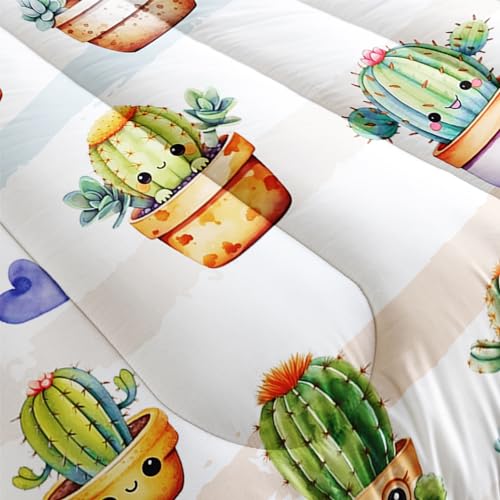 Image of AILONEN Cute Cactus Comforter Set Twin Size, Funny Cartoon Style Succulent Plant Bedding Set for Kids Girls,Mexican Nature Hipster Humor Print Bed in a Bag,1 Quilt Set 2 Pillowcases,3 PCS