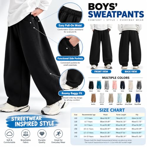 Baggy Sweatpants Boys, Wide Leg Barrel Pants with Elastic Waist Pockets - image 3