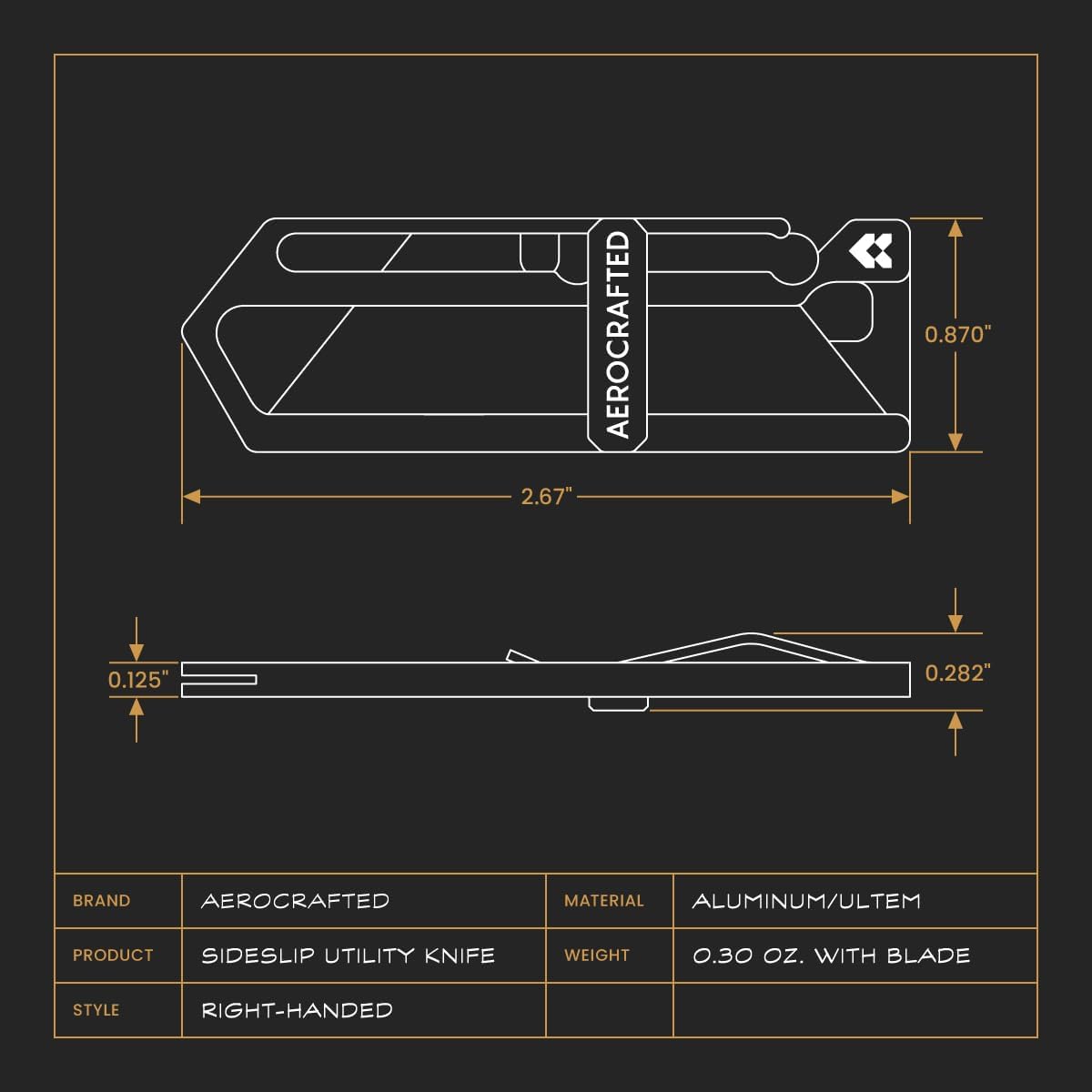 Sideslip Utility Knife, EDC Everyday Carry, Razor Blade, Made in the USA (Aluminum/Ultem, Right-handed)