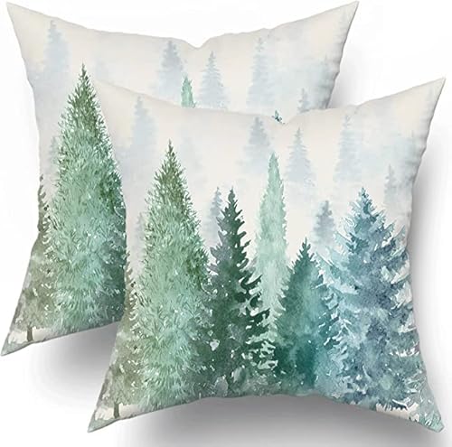 Pine Tree Throw Pillow Covers 18x18 Set of 2 Watercolor Blue Green Cotton Square Rustic Style Natural Forest Fog Print Decorative Pillowcase Spring Summer Cushion Cover for Home Sofa Bed Outdoor