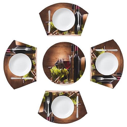 DXTKWL Wine Glass Grapes Placemats for Round Table Set of 4 - Retro Wooden Wedge Place Mats With Centerpiece - Washable Heat Resistant for Indoor Kitchen Dining Decor
