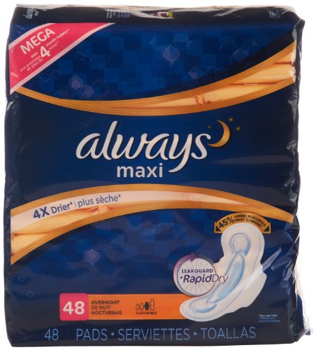 Always Maxi Size 4 Overnight Feminine Pads With Wings, Unscented, 48 Count (Packaging May Vary) #TOP1